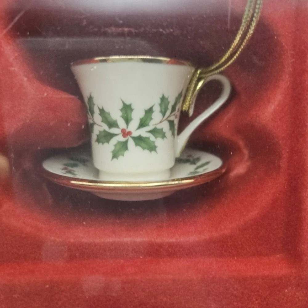 Lenox Hanging Cup & Saucer Ornament, White/Green/Red/Gold Floral Christmas